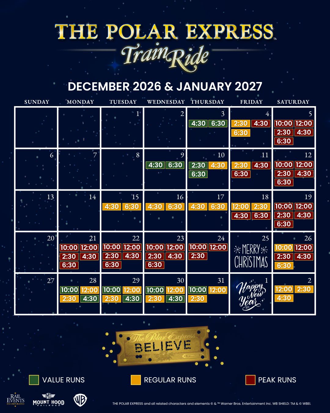 2026 Polar Express train ride calendar for December & January