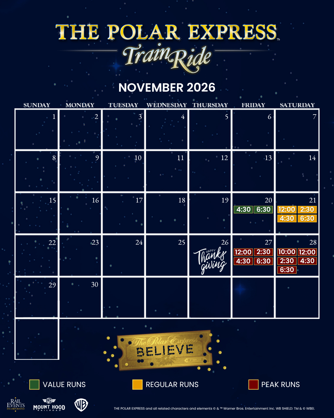 2026 Polar Express train ride calendar for November