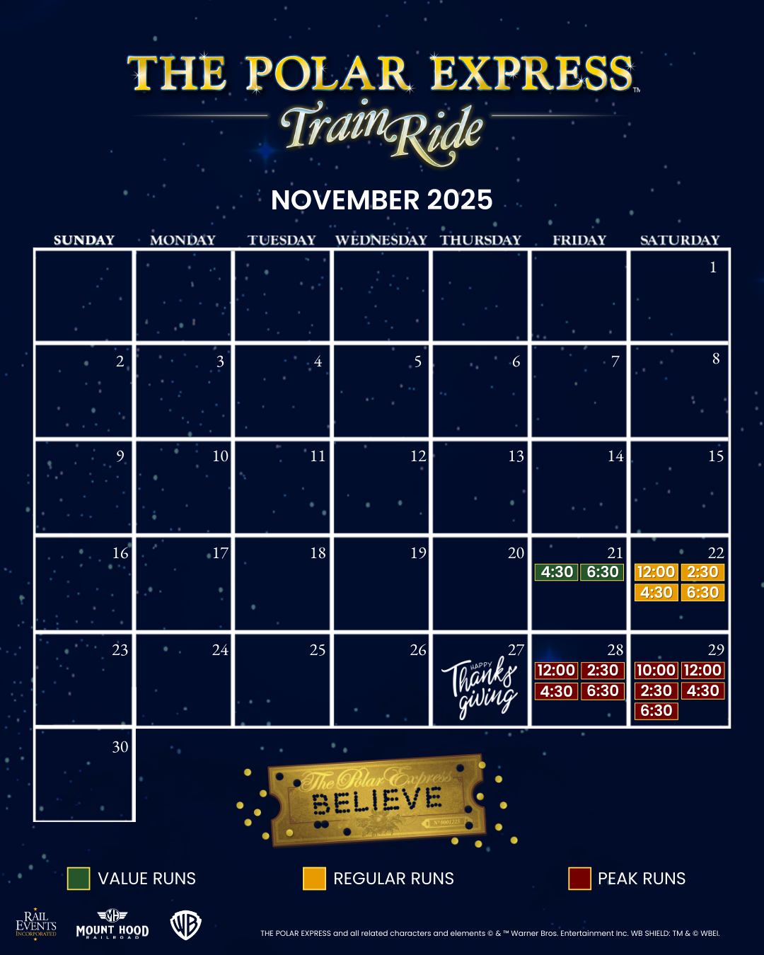 2025 PEX SCHEDULE – NOVEMBER November 2025 calendar for The Polar Express train ride with color-coded event days.