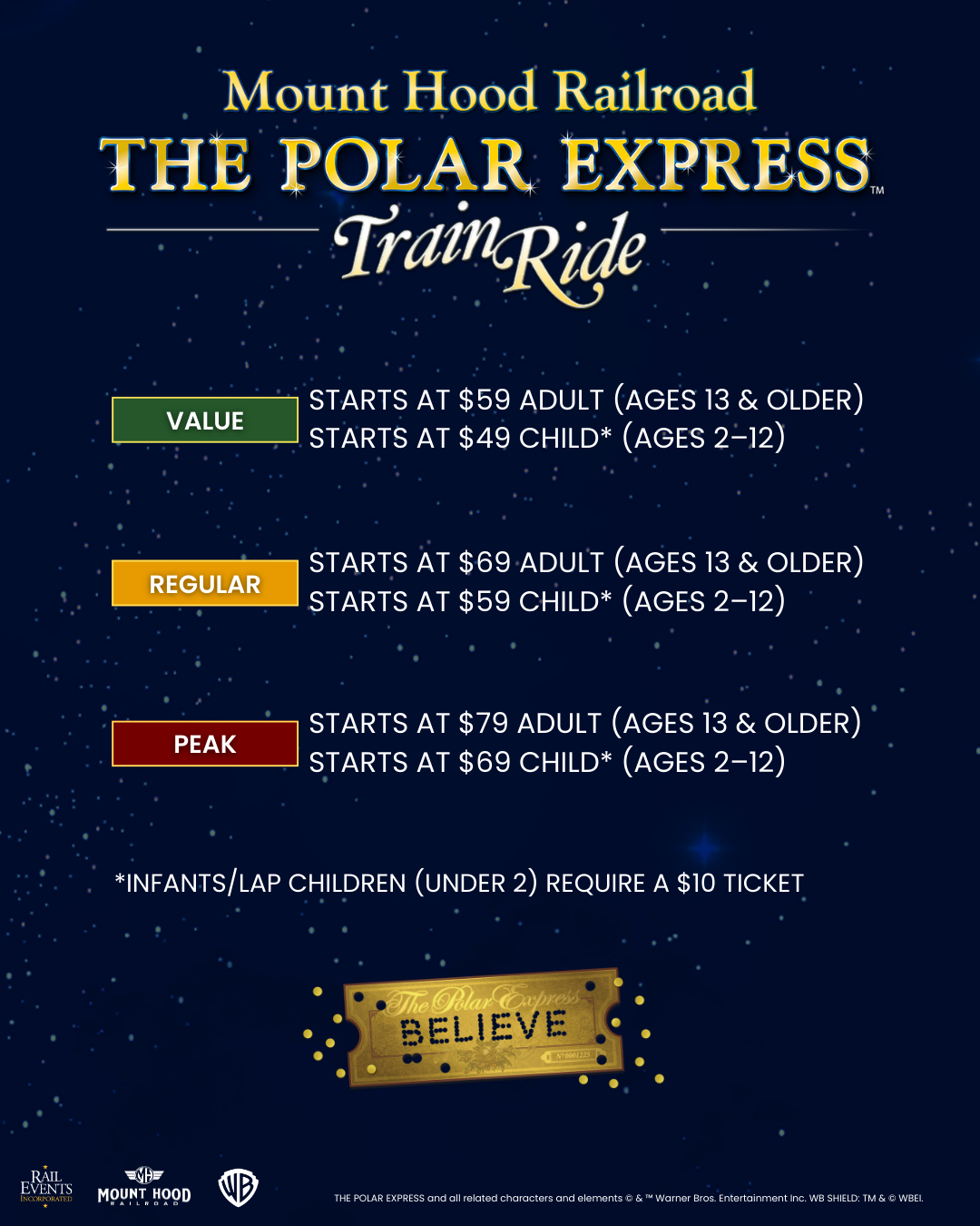 PEX Pricing Legend Polar Express train ride prices for adults and children by value, regular, and peak categories.