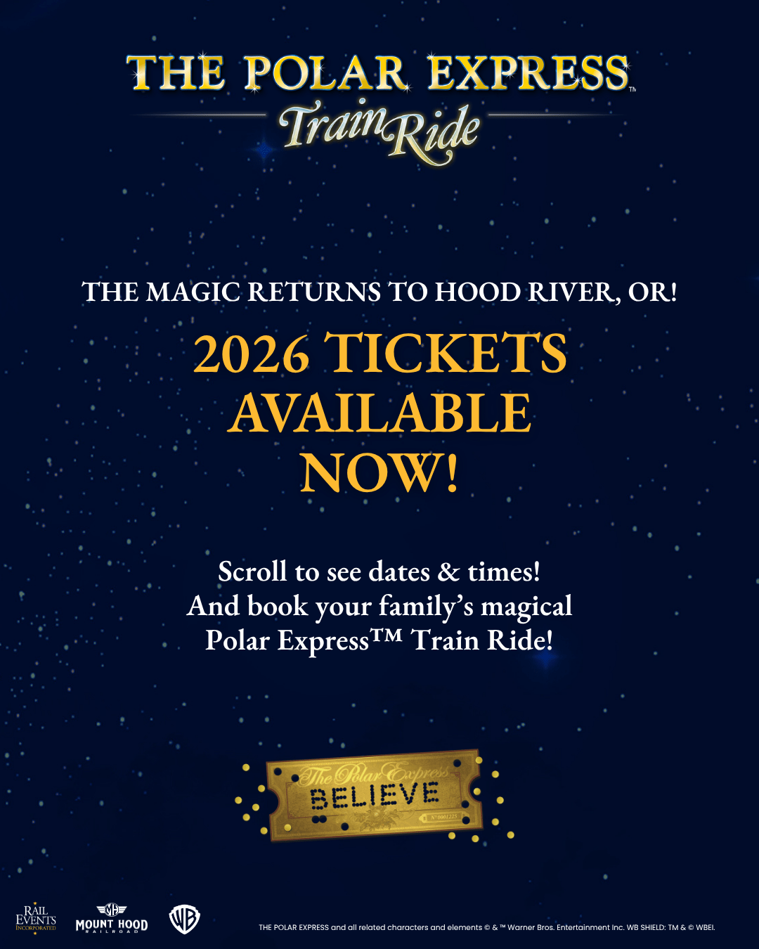 The Polar Express™ Train Ride announcement, tickets available for 2026 to Hood River, OR.