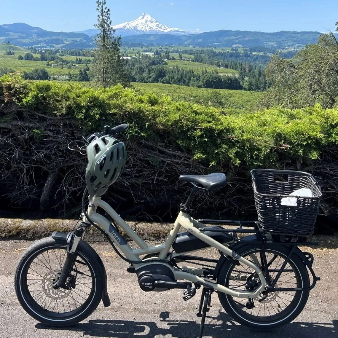 Bicycle with helmet and basket on road with mountain and green landscape in background.