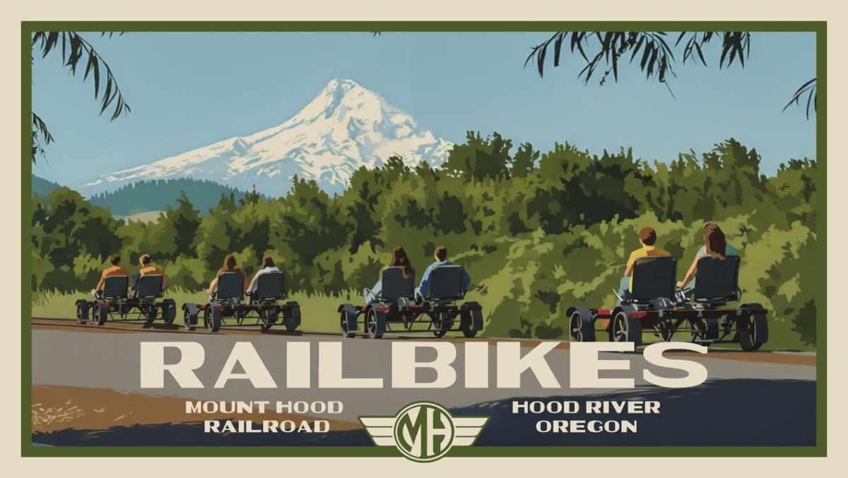 People on railbikes with Mount Hood in the background, framed by trees.